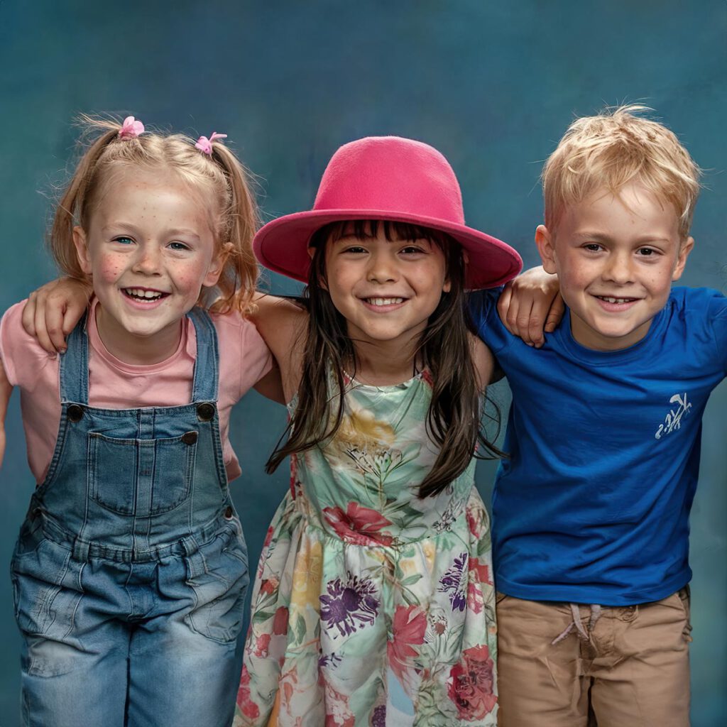 Drei lachende Kinder beim Fototag mit einem Kindergartenfotografen in Köln